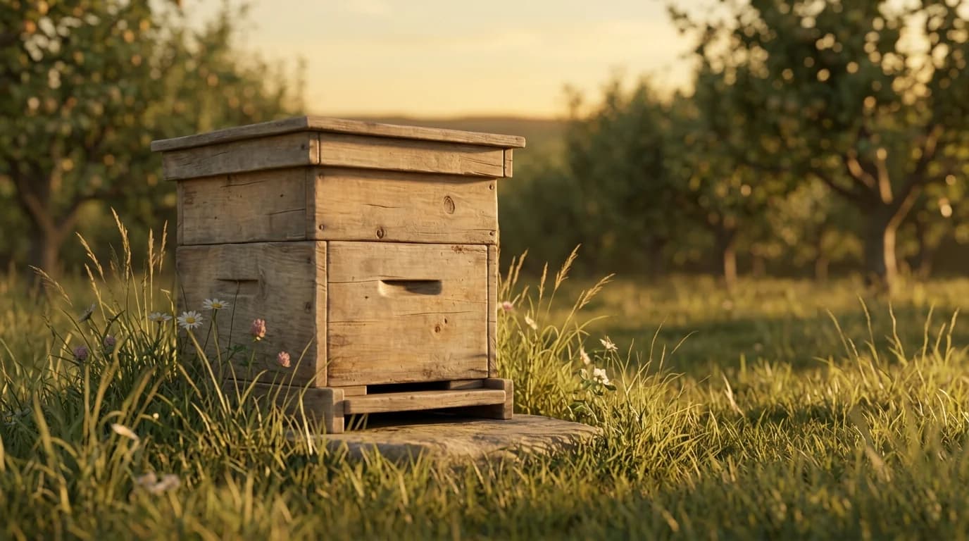 Ruche en bois dans un verger au coucher du soleil