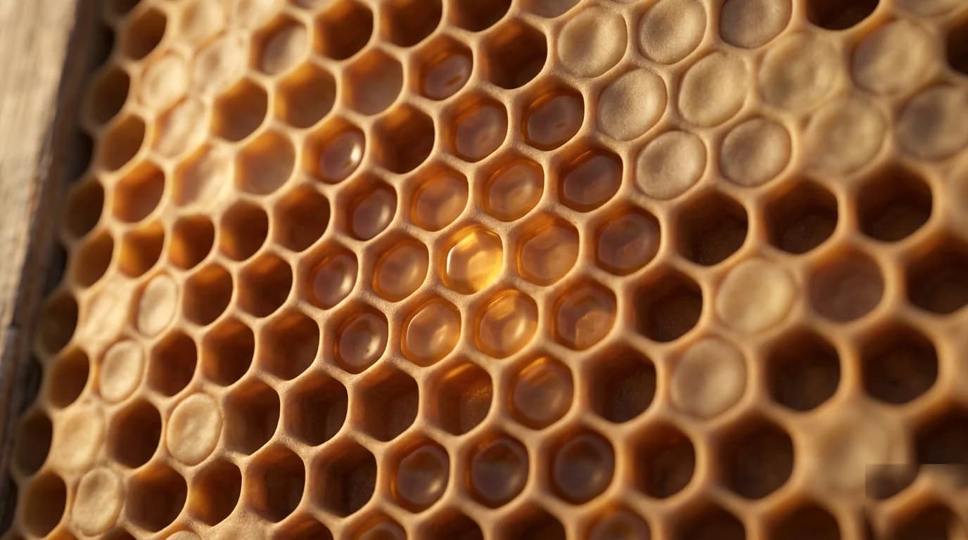 Rayon de miel en macro, alvéoles hexagonales